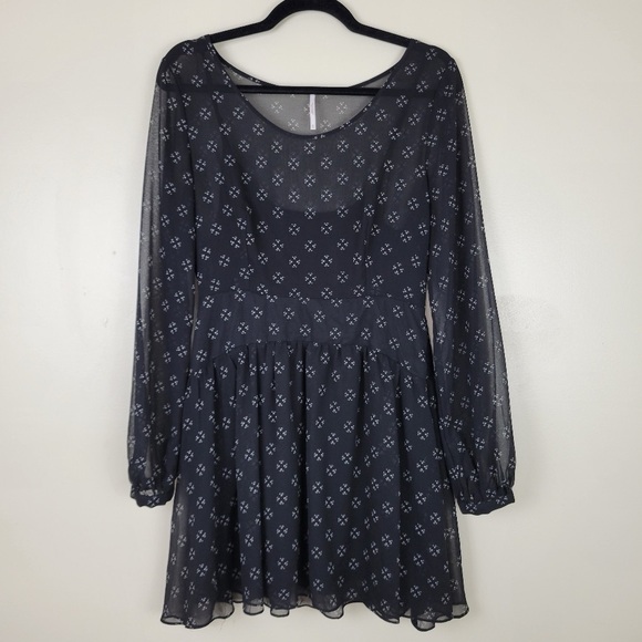 Free People Sheer Black Baby Dee Chiffon Long Sleeve Fit and Flare Dress Sz S - Picture 7 of 13